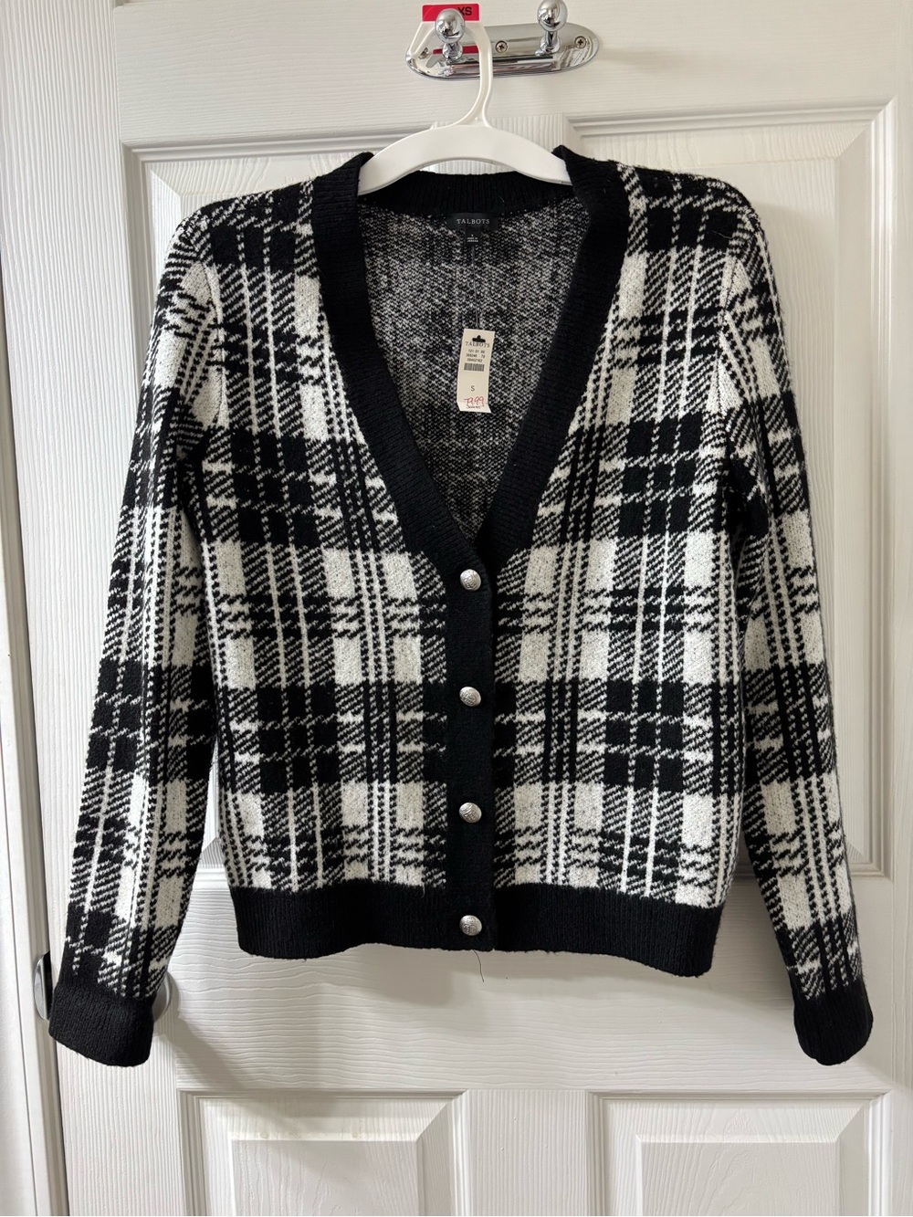 Talbots Plaid Cardigan Black White Button Up Front Classic Preppy Size S NWT